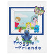 Load image into Gallery viewer, Children's throw blanket featuring characters from the book 'Froggie and Friends' by Carin Camen. The image shows a colorful blanket with cartoon frogs and friends, with a blue frame and a green field in the background.
