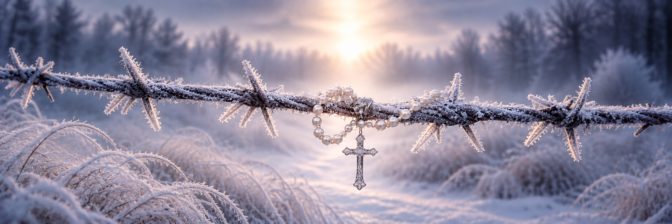Delicate pearl necklace with a silver cross hanging from frost-covered barbed wire above a snowy path leading into soft winter light.
