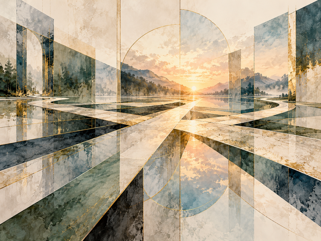 Abstract perspective artwork with intersecting pathways, reflective geometric planes, mountains, trees, and light on the horizon.