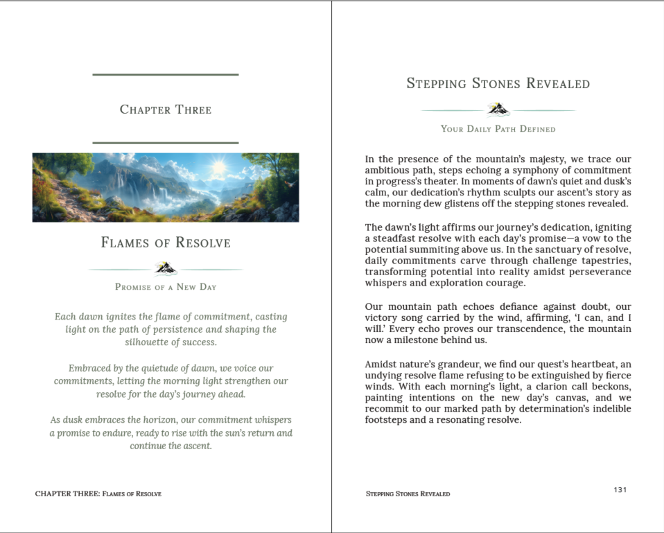 Chapter Three book spread featuring Flames of Resolve, mountain landscape imagery, and Stepping Stones Revealed editorial content by Carin Camen in her STEPS to Success Workbook.