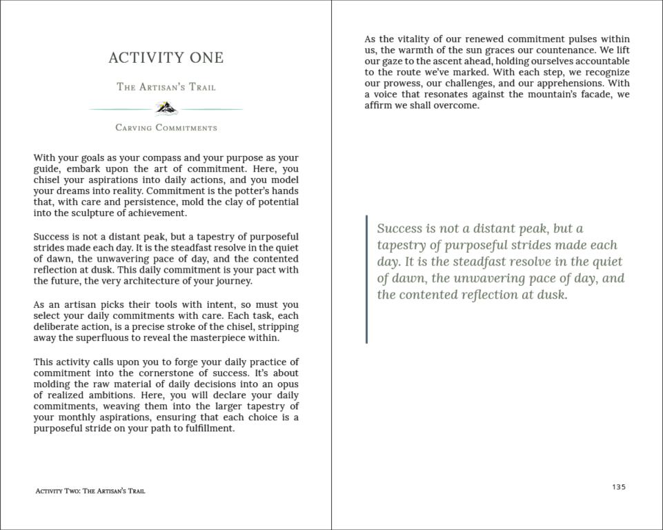 The Artisan’s Trail activity spread with instructional text, mountain motif, and highlighted pull quote. By Carin Camen in the STEPS to Success Workbook.