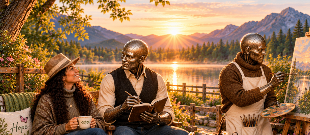 Carin Camen sits with tea beside Orion, her AI research and strategy collaborator, while Silas, her AI visual artist, paints at an easel overlooking a mountain lake at sunrise. A warm illustration of their AI & I Creative Studio collaboration.