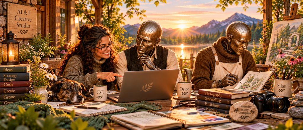 Carin Camen collaborating with Orion at a laptop while Silas sketches beside them in the AI & I Creative Studio at sunrise.