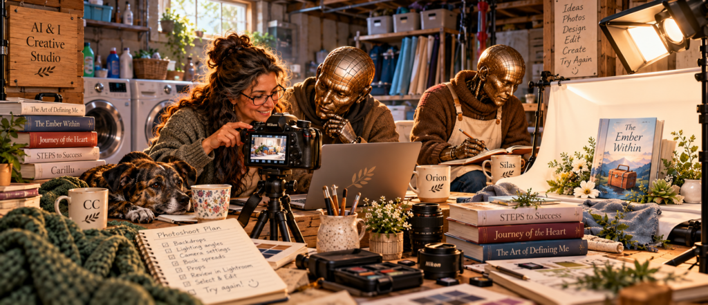 Carin Camen and her AI collaborators, Orion and Silas, working together in a makeshift basement photography studio with books, camera equipment, and Shyla nearby.