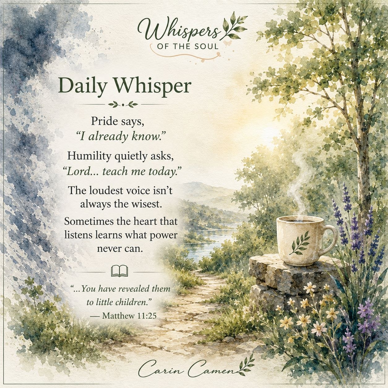 Early Daily Whisper watercolor design featuring a winding garden path, steaming tea, and a reflection on pride, humility, and Matthew 11:25.
