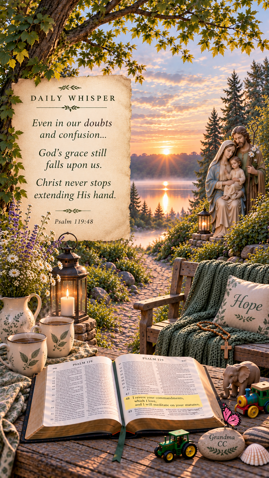 Vertical Daily Whisper illustration featuring a sunset over a lake, the Holy Family, a parchment reflection on God's grace, an open Bible, a wooden bench, and personal symbols of faith and family.