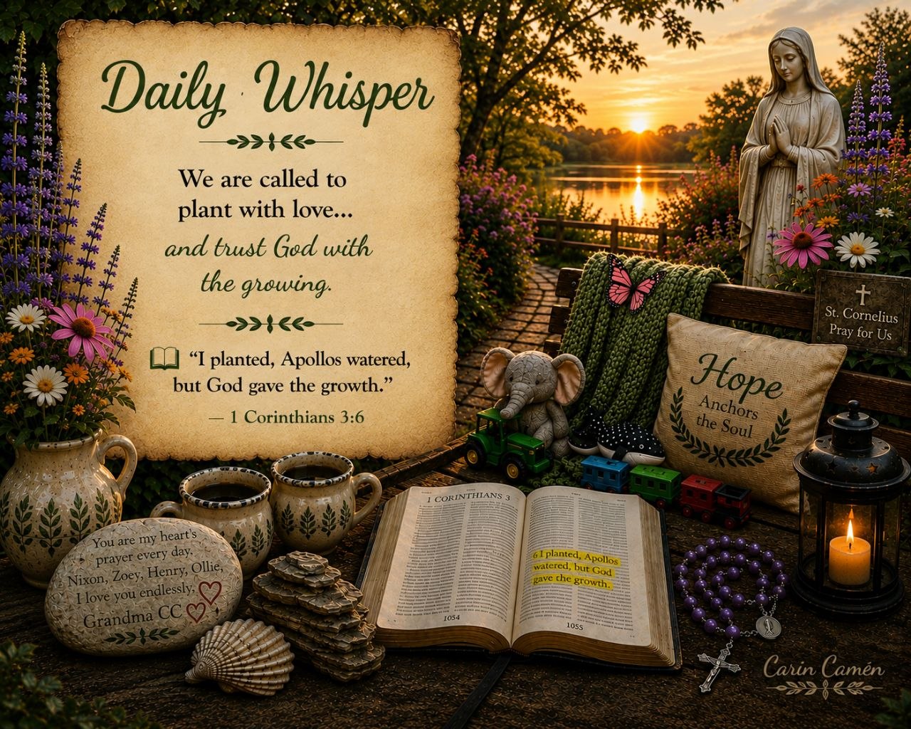 Daily Whisper devotional illustration featuring a statue of the Virgin Mary, a garden bench with children's toys and a Hope pillow, an open Bible highlighting 1 Corinthians 3:6, and a lakeside sunset.