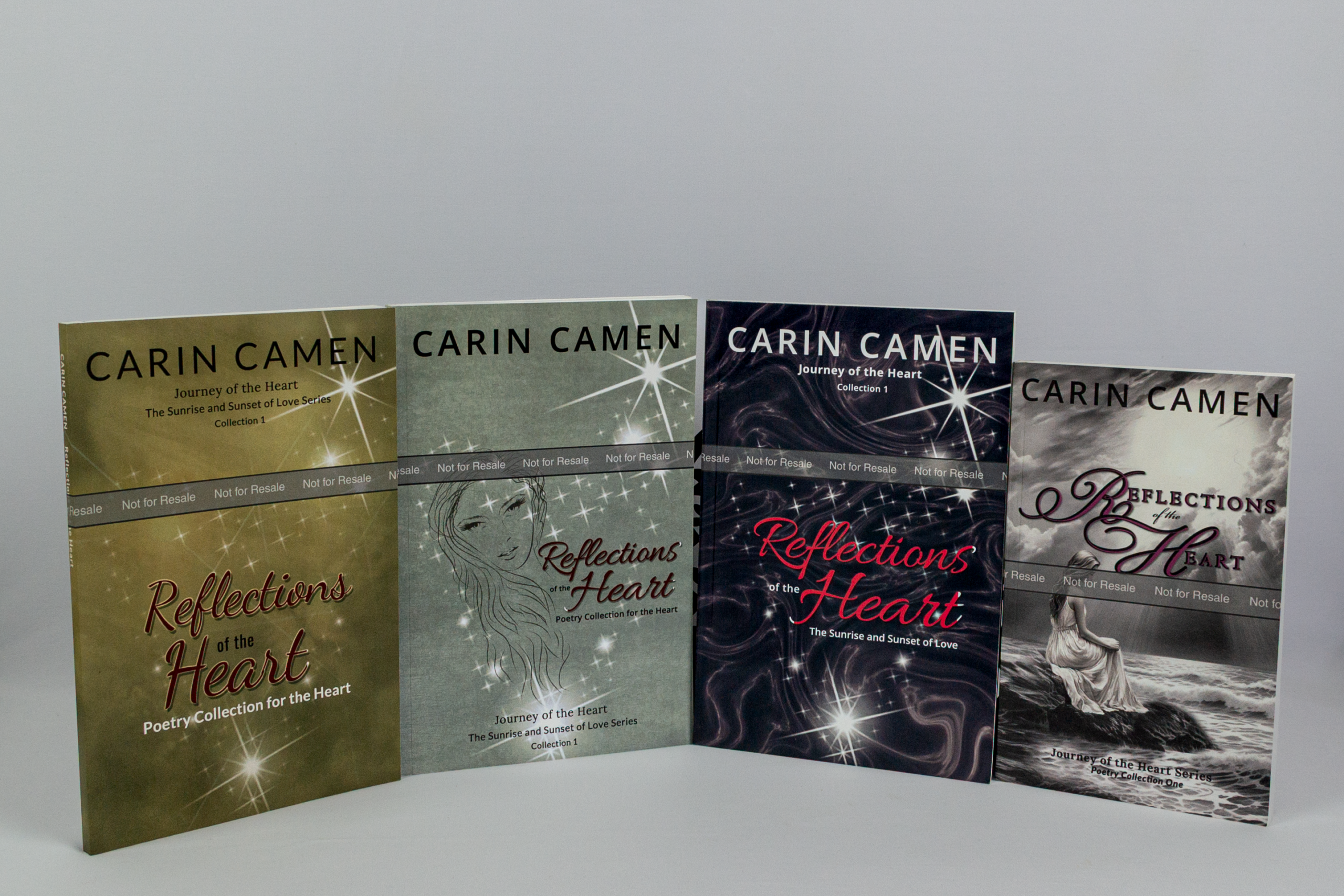 Four editions of Carin Camen’s Reflections of the Heart poetry collection showing the evolution of the book’s cover design.t