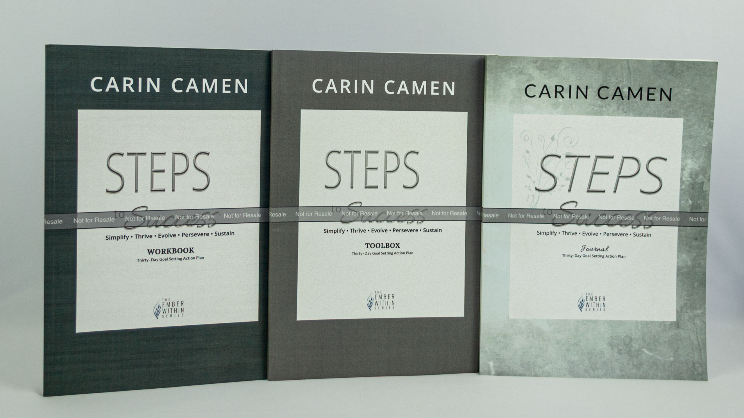 Original STEPS to Success Workbook, Toolbox, and Journal editor copies by Carin Camen, showing the three-book structure before the system expanded.