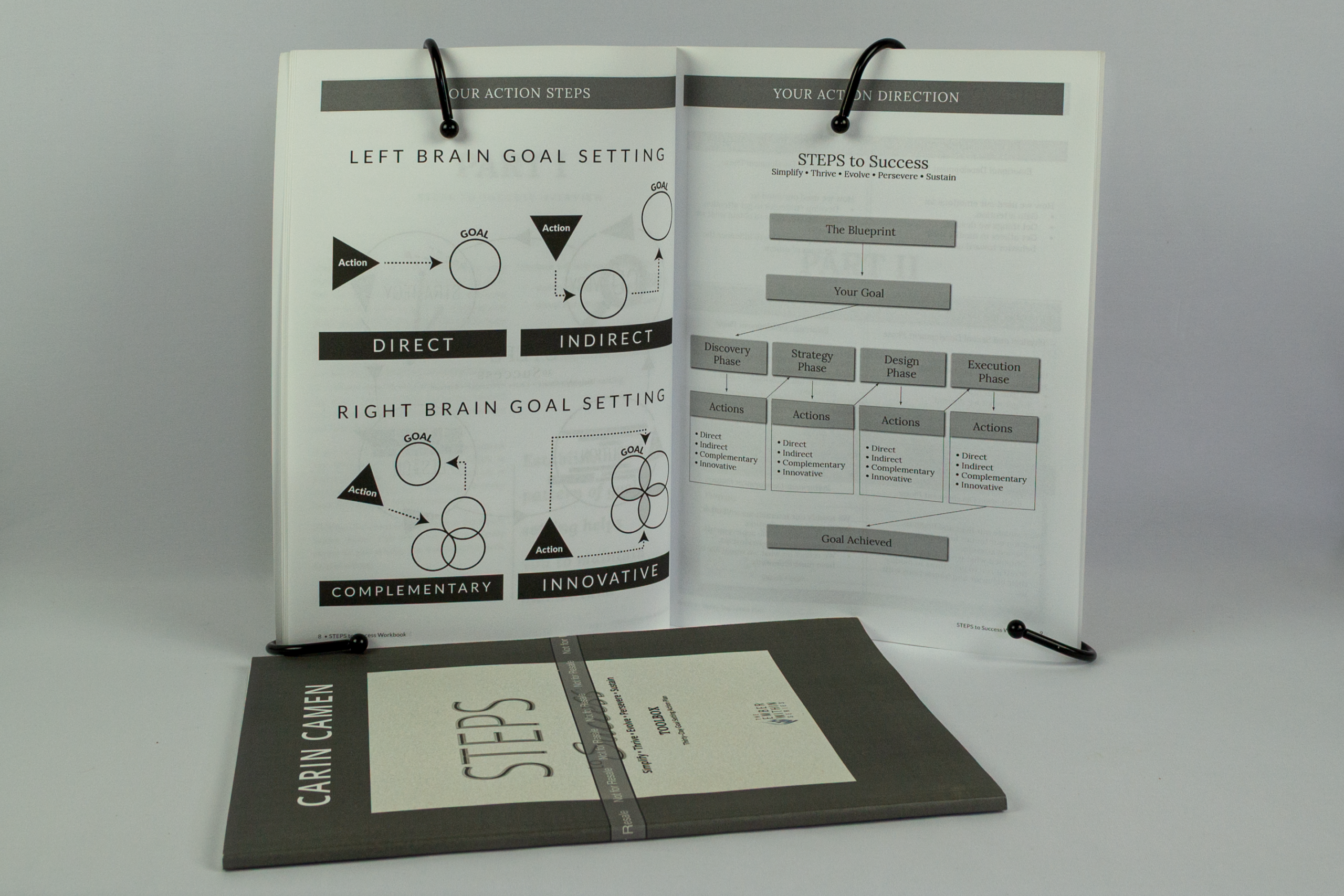 Original STEPS to Success Toolbox open to goal-setting diagrams and the Discovery, Strategy, Design, and Execution framework by Carin Camen.
