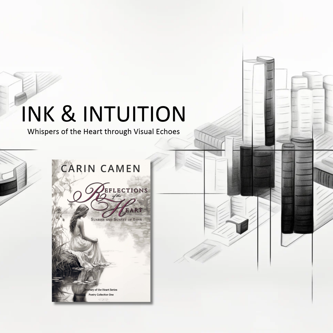 Ink & Intuition design combining the Reflections of the Heart book cover with layered geometric artwork and an AI-generated portrait.
