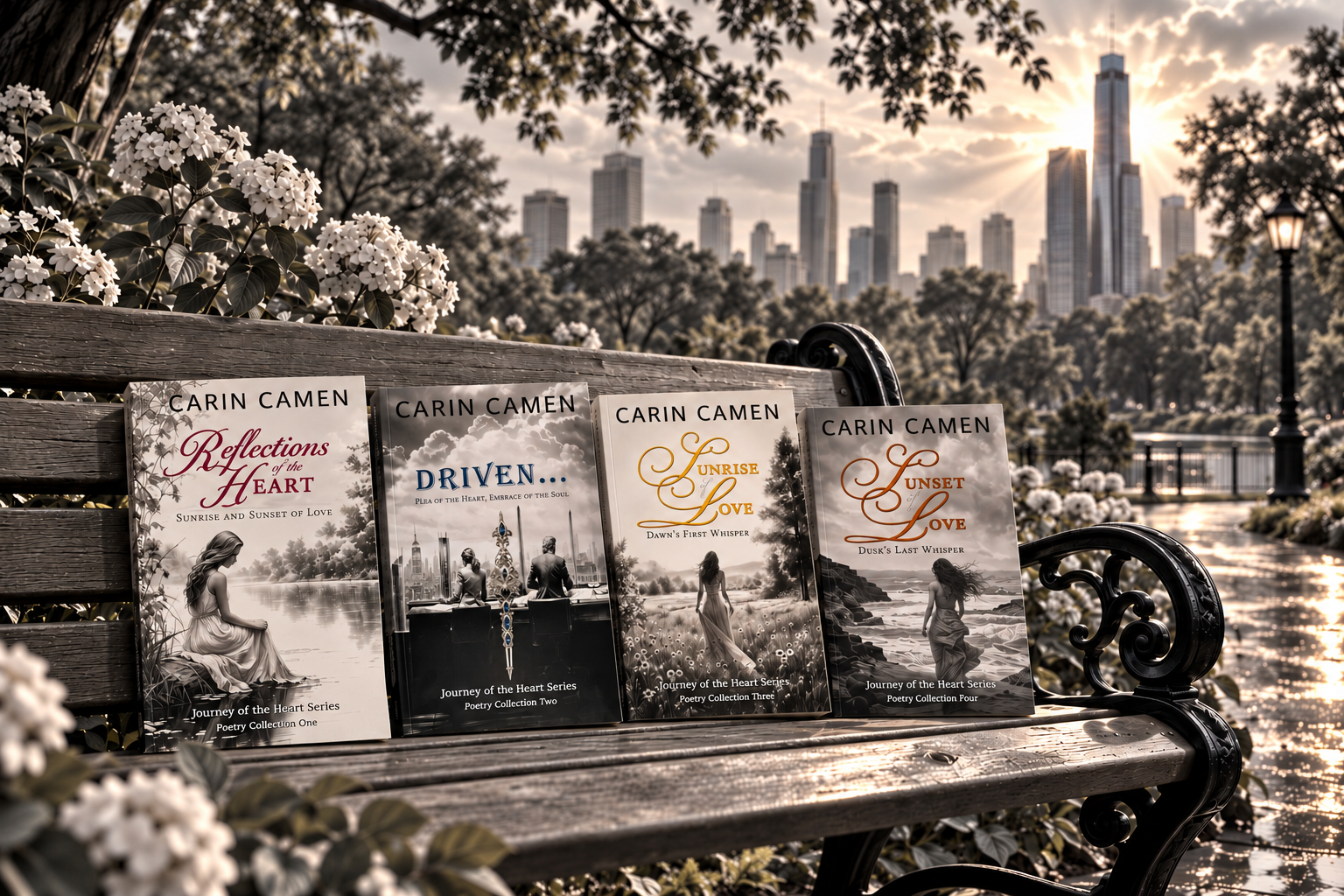 Four Journey of the Heart poetry books by Carin Camen displayed on a park bench, with flowers, trees, water, and a city skyline in the distance.