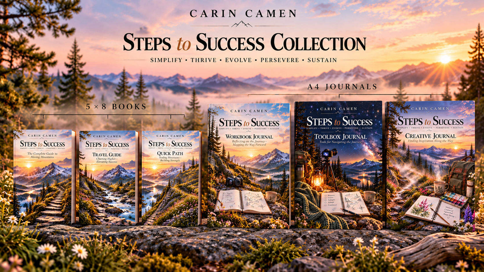 STEPS to Success collection by Carin Camen featuring three 5×8 guides and three A4 journalsOriginal STEPS to Success Workbook, Toolbox, and Journal editor copies by Carin Camen, showing the three-book structure before the system expanded.