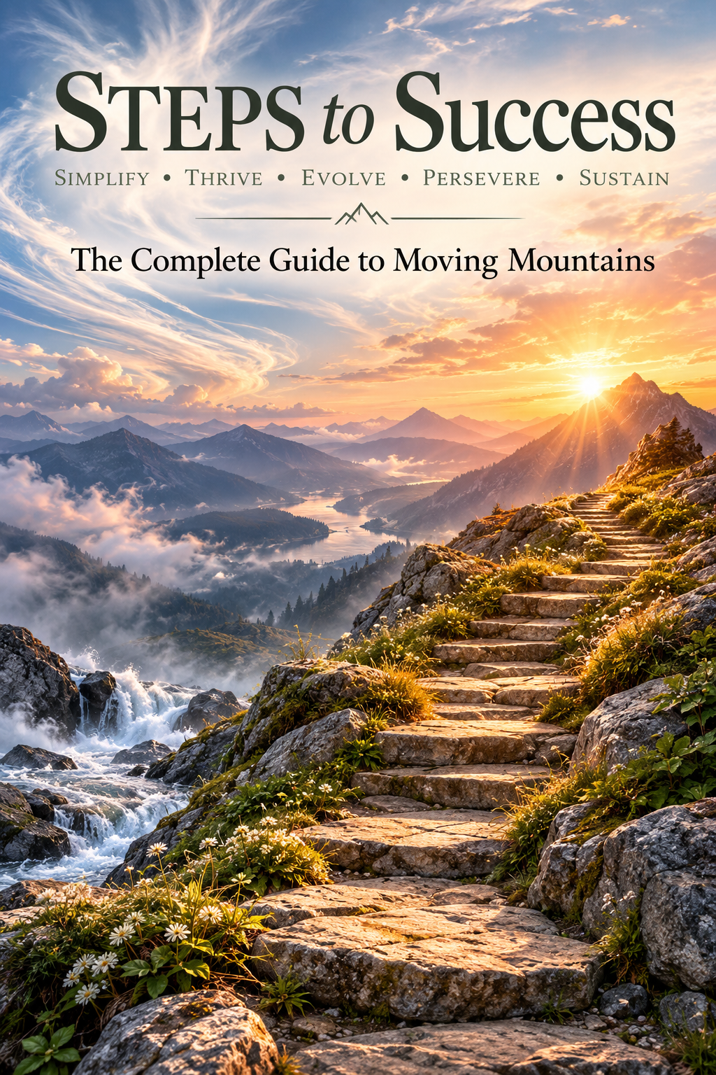 Early AI-assisted cover concept for STEPS to Success featuring a mountain path, flowing water, sunrise, and the four elements of nature.