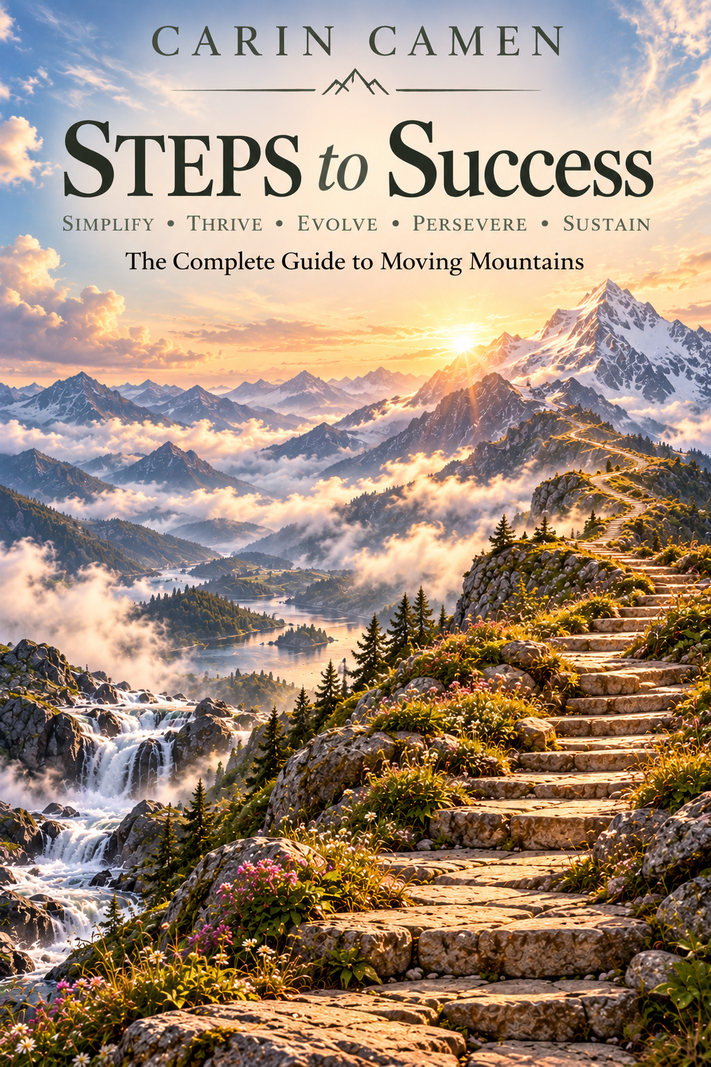 Third AI-assisted cover exploration for STEPS to Success featuring stone steps leading toward a tall snow-capped mountain through an alpine valley with lakes, mist, and sunrise.