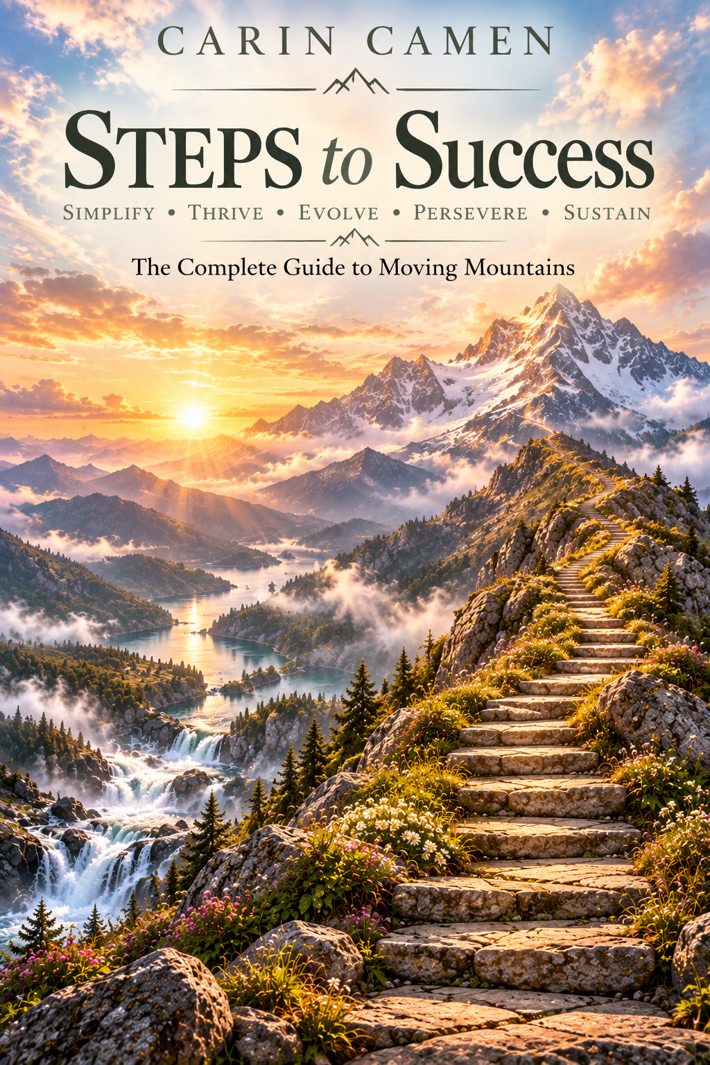 Final STEPS to Success cover exploration featuring stone steps winding toward a snow-capped mountain above a misty lake valley at sunrise.